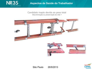 São Paulo 26/9/2013
NR 35 – Aspectos Médicos
Candidato inapto devido ao peso total
Discriminação ou preservação da vida ?
Aspectos de Saúde do Trabalhador
 