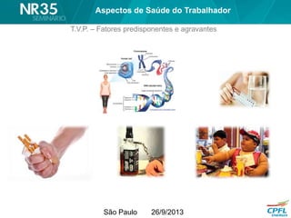 São Paulo 26/9/2013
T.V.P. – Fatores predisponentes e agravantes
Aspectos de Saúde do Trabalhador
 