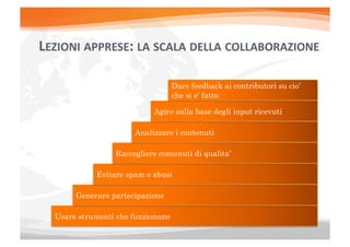 LEZIONI	
  APPRESE:	
  LA	
  SCALA	
  DELLA	
  COLLABORAZIONE	
  

                                    Dare feedback ai contributori su cio’
                                    che si e’ fatto

                            Agire sulla base degli input ricevuti

                       Analizzare i contenuti

                  Raccogliere contenuti di qualita’

             Evitare spam e abusi

        Generare partecipazione

   Usare strumenti che funzionano
 