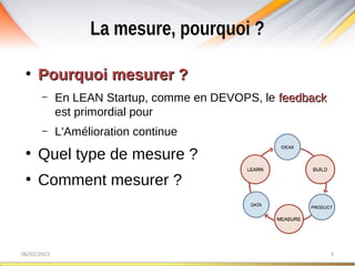 La mesure, pourquoi ?
06/02/2015 3
●
Pourquoi mesurer ?Pourquoi mesurer ?
– En LEAN Startup, comme en DEVOPS, le feedbackfeedback
est primordial pour
– L'Amélioration continue
●
Quel type de mesure ?
●
Comment mesurer ?
 