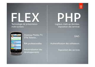 PHPFLEXTechnologie de présentation
multi-screens
Logique, mash-up données,
exposition des services
Desktop, Mobile,TV,
STB,Tablette...
RIA professionelles
Industrialisation des
développements
DAO
Authentiﬁcation des utilisateurs
Exposition des services
 