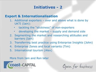 Initiatives - 2 Export & Internationalisation Additional exporters – over and above what is done by UKTI (Iain): tackling the “stickiness” of non-exporters developing the market – supply and demand side Segmenting the market and researching attitudes and barriers (Iain) Transferring best practice using Enterprise Insights (John) Enterprise Zones and local variants (Tim) International tourism (Alex) More from Iain and Ron later 