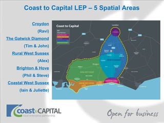 Coast to Capital LEP – 5 Spatial Areas  Croydon (Ravi) The Gatwick Diamond (Tim & John) Rural West Sussex (Alex) Brighton & Hove (Phil & Steve) Coastal West Sussex (Iain & Juliette) 