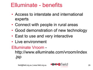 Elluminate - benefits Access to interstate and international experts  Connect with people in rural areas Good demonstration of new technology East to use and very interactive Live environment Elluminate Vroom  - http://www.elluminate.com/vroom/index.jsp 