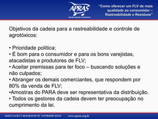“Como oferecer um FLV de mais
                                          qualidade ao consumidor –
                                         Rastreabilidade e Resíduos”



Objetivos da cadeia para a rastreabilidade e controle de
agrotóxicos:

• Prioridade política;
• É bom para o consumidor e para os bons varejistas,
atacadistas e produtores de FLV;
• Aceitar premissas para ter foco – buscando soluções e
não culpados;
• Abranger os demais comerciantes, que respondem por
80% da venda de FLV;
•Amostras do PARA deve ser representativa da distribuição.
• Todos os gestores da cadeia devem ter preocupação no
cumprimento da lei.
 