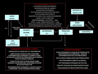 PROBLEMAS RELACIONADOS A PRODUTOR:

                                         •APLICAÇÃO DE DOSES ACIMA PERMITIDO
                                          •NÃO RESPEITAR PRAZO DE CARÊNCIA
                                             •APLICAR PRODUTOS PROIBIDOS                            TERCEIRO OU
                                    •FALTA DE REGISTRO DE AGROTÓXICO PARA PRAGA
                                                                                                    AGRICULTOR
                                           •60.000 PEQUENOS PRODUTORES PR
        LACEN                     •MINISTÉRIO DA AGRICULTURA X SAÚDE (ANVISAXEMATER)
                                            •LMR BR X CODEX ALIMENTARIUS
        ANVISA
                                      LMR DITIOCARBAMATO : VISA PARANA – 1 mg/kg
                                    •ANVISA – 2 mg/kg - EMBRAPA/ABPM/CODEX – 3 mg/kg
                                                                                                       VENDA
                                 •REAVALIAÇAO DE REGISTRO DE AGROTÓXICOS COM ERROS
                                                                                                    AGROTÓXICO
                                 •AUDITAR EXPERIMENTOS DA INDUSTRIA DE AGROTOXICOS
           RESULTADO
FLV
             EXAME
                        GRANDES
                                                       DISTRIBUIDOR                    PRODUTOR
                                                                                                                  AGRONÔMO
                         SUPERM.
                                                             FLV                          FLV
                           FLV



          ViSa
         COLHE
      AMOSTRAS FLV


          PROBLEMAS RELACIONADOS À VENDA:
                                                                                          AÇÕES EM ANDAMENTO:
       •APENAS 20% DA VENDA DE FLV TEM AMOSTRA
                                                                               •PARA (PROGRAMA DE ANÁLISE DE RESÍDUOS DE
      •IDENTIFICADO PRODUTO NÃO CONFORME                                          AGROTÓXICOS em ALIMENTOS) – AÇÃO DE
    SUPERMERCADO SUSPENDE A COMPRA. COMO                                          SUPERMERCADISTAS E DISTRIBUIDORES
  EVITAR QUE O RESTO DA PRODUÇÃO SEJA VENDIDA
                                                                               ROTULAGEM E EMBALAGEM (RASTREABILIDADE)
             PARA OS DEMAIS VAREJOS.
                                                                                   •PAS (PROGRAMA ALIMENTO SAUDÁVEL)
        •COMO EVITAR QUE OUTROS PRODUTORES
      VENDAM A PRODUÇÃO NÃO CONFORME ATRAVÉS                                       •PIF (PROGRAMA INTEGRADO DE FRUTAS)
                 DE OUTRO PRODUTOR
                                                                               •GRUPOS TECNICOS DE ORIENTAÇÃO DO PARA
      •SUPERMERCADOS PASSARÃO A EXIGIR LAUDO E
                                                                                 •FISCALIZAÇÃO DO RECEITUÁRIO PELO CREA
        COMPRARÃO SÓ DE GRANDES PRODUTORES.
 
