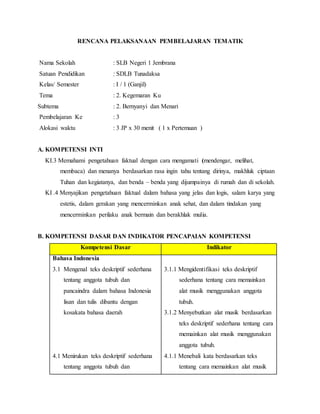 RENCANA PELAKSANAAN PEMBELAJARAN TEMATIK
Nama Sekolah : SLB Negeri 1 Jembrana
Satuan Pendidikan : SDLB Tunadaksa
Kelas/ Semester : I / 1 (Ganjil)
Tema : 2. Kegemaran Ku
Subtema : 2. Bernyanyi dan Menari
Pembelajaran Ke : 3
Alokasi waktu : 3 JP x 30 menit ( 1 x Pertemuan )
A. KOMPETENSI INTI
KI.3 Memahami pengetahuan faktual dengan cara mengamati (mendengar, melihat,
membaca) dan menanya berdasarkan rasa ingin tahu tentang dirinya, makhluk ciptaan
Tuhan dan kegiatanya, dan benda – benda yang dijumpainya di rumah dan di sekolah.
KI .4 Menyajikan pengetahuan faktual dalam bahasa yang jelas dan logis, salam karya yang
estetis, dalam gerakan yang mencerminkan anak sehat, dan dalam tindakan yang
mencerminkan perilaku anak bermain dan berakhlak mulia.
B. KOMPETENSI DASAR DAN INDIKATOR PENCAPAIAN KOMPETENSI
Kompetensi Dasar Indikator
Bahasa Indonesia
3.1 Mengenal teks deskriptif sederhana
tentang anggota tubuh dan
pancaindra dalam bahasa Indonesia
lisan dan tulis dibantu dengan
kosakata bahasa daerah
4.1 Menirukan teks deskriptif sederhana
tentang anggota tubuh dan
3.1.1 Mengidentifikasi teks deskriptif
sederhana tentang cara memainkan
alat musik menggunakan anggota
tubuh.
3.1.2 Menyebutkan alat musik berdasarkan
teks deskriptif sederhana tentang cara
memainkan alat musik menggunakan
anggota tubuh.
4.1.1 Menebali kata berdasarkan teks
tentang cara memainkan alat musik
 