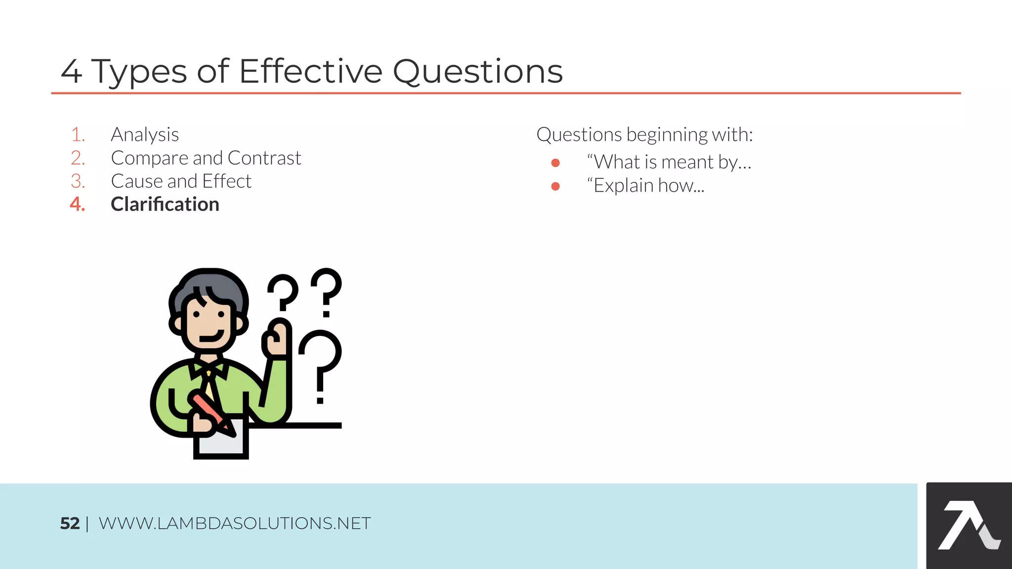 4. Clariﬁcation
4 Types of Effective Questions
52 | WWW.LAMBDASOLUTIONS.NET
●
●
 