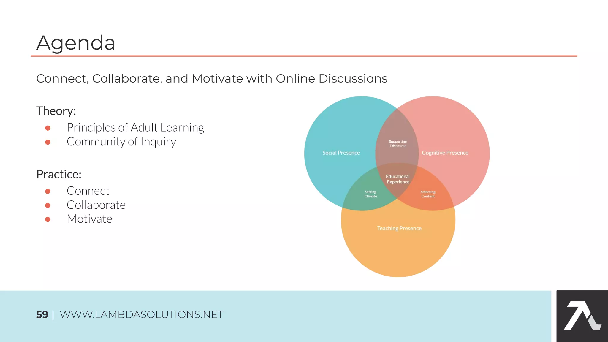 Theory:
●
●
Practice:
●
●
●
Agenda
59 | WWW.LAMBDASOLUTIONS.NET
Connect, Collaborate, and Motivate with Online Discussions
 