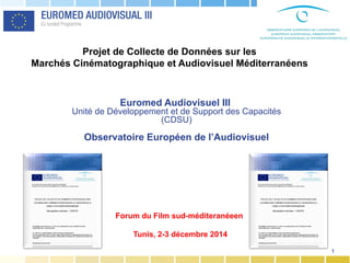 1
Euromed Audiovisuel III
Unité de Développement et de Support des Capacités
(CDSU)
Observatoire Européen de l’Audiovisuel
Projet de Collecte de Données sur les
Marchés Cinématographique et Audiovisuel Méditerranéens
Forum du Film sud-méditeranéeen
Tunis, 2-3 décembre 2014
 