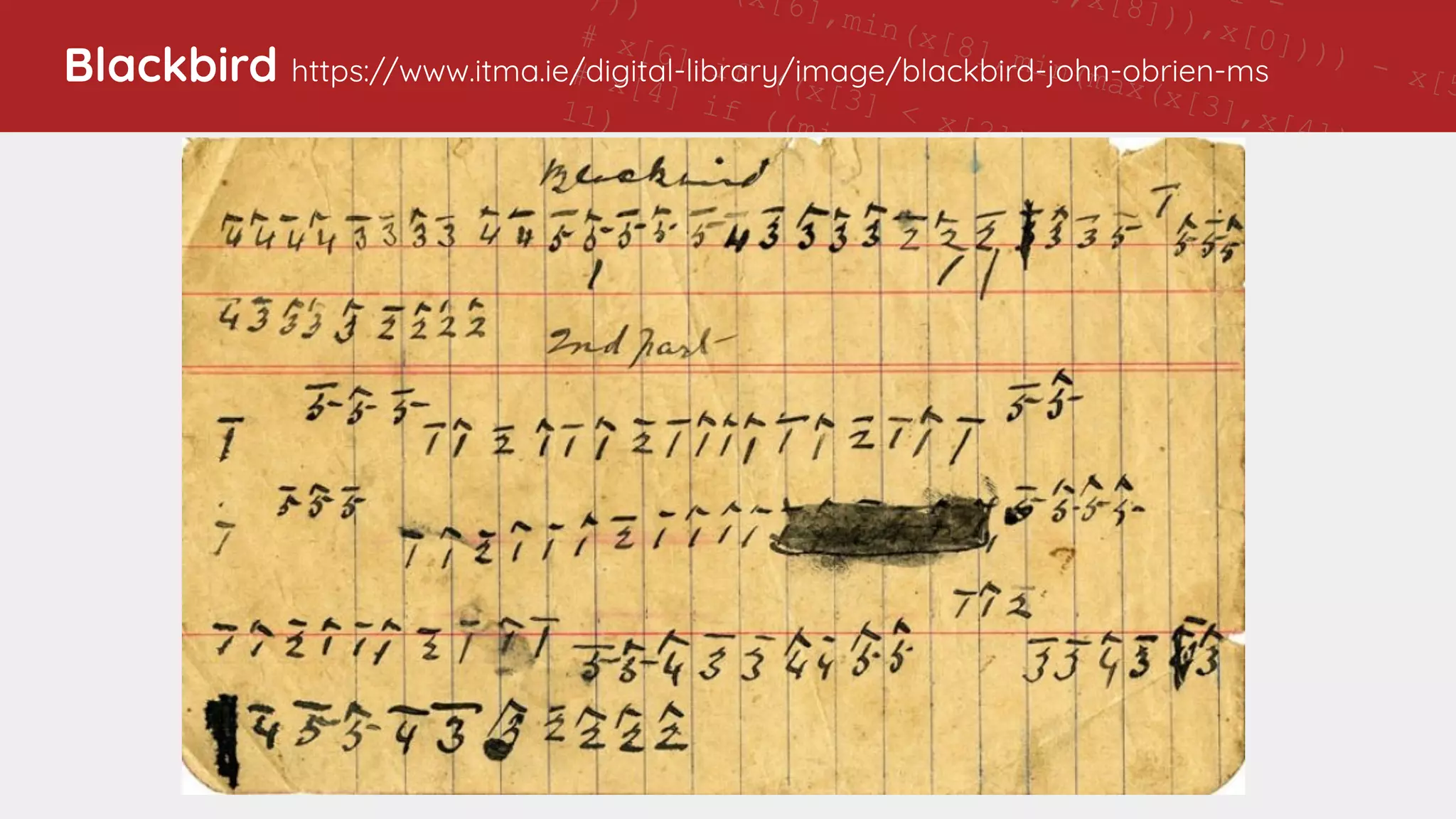 11 -
],x[8])),x[0]))) - x[5
(x[6],min(x[8],min(max(x[3],x[4]),x[1])
)))
# x[6] if ((x[3] < x[2]) and (7 != x[8]))
# x[4] if ((min(x[1],x[7]) - ((x[0] - 11) - x[4]
11)
# x[6] if (((5 > 7) and ((7 - x[6]) < 0)) or (4
x[0]))
# x[7] if ((min(x[1],x[8]) - 9) != 11)
# 5 if ((0 > (5 - x[4])) or (max(4,x[6]) >
min(max(max(min(x[7],max(x[7],x[6])),x[0]),x[8]),5
# x[6] if ((x[3] < x[2]) and (7 != x[8]))
# x[3] if (not (0 >
max(max(max(min(x[4],4),max(x[8],2)),max(4,2)),x[3])
and (not (((11 != (7 - x[0])) or
(max(x[7],max(7,x[1])) == max(7,x[6]))) or (min(2,4)
!= x[0])) or (2 == x[6])))
# x[4] if ((min(x[1],x[7]) - ((x[0] - 11) - x[4])) !=
11)
# x[0] if (x[8] != min(x[1],9))
# Training accuracy: 0.9213483
# Test accuracy: 0.893
# rule applic
# [51
Blackbird https://www.itma.ie/digital-library/image/blackbird-john-obrien-ms
 