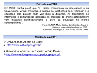 Em 2000, Cunha prevê que “o  rápido crescimento do ciberespaço e da Universidade Virtual provocará a criação de instituições sem “campus” e a educação será provida cada vez mais a distância. As tecnologias de informação e comunicação aplicadas ao processo de ensino-aprendizagem vêm mudando significativamente o perfil da educação no mundo contemporâneo”.  Fonte: CUNHA, Murilo Bastos. Construindo o futuro: a biblioteca universitária brasileira em 2010.  Ciência da Informação , v. 29,n. 71-89, jan./abr. 2000 . Universidade Aberta do Brasil  http://www.uab.capes.gov.br Universidade Virtual do Estado de São Paulo  http://www.univesp.ensinosuperior.sp.gov.br/   Previsão em 2000 Realidade em 2011 