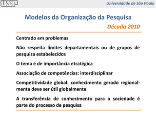 Centrado em problemas Não respeita limites departamentais ou de grupos de pesquisa estabelecidos O tema é de importância etratégica Associação de competências: interdisciplinar A transferência de conhecimento para a sociedade é parte do processo de pesquisa Competitividade global: conhecimento gerado regional-mente deve ser útil globalmente Década 2010 Modelos da Organização da Pesquisa Universidade de São Paulo 
