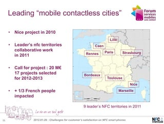 Leading “mobile contactless cities”

     •   Nice project in 2010
                                                                            Lille
     •   Leader’s nfc territories                                Caen
         collaborative work                                             Paris
                                                          Rennes                      Strasbourg
         in 2011

     •   Call for project : 20 M€
         17 projects selected                            Bordeaux
         for 2012-2013                                                    Toulouse
                                                                                            Nice
     •   + 1/3 French people                                                        Marseille
         impacted

                                                        9 leader’s NFC territories in 2011


11                2012-01-26 : Challenges for customer’s satisfaction on NFC smart phones
 