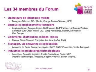 Les 34 membres du Forum
• Opérateurs de téléphonie mobile
    – Bouygues Telecom, NRJ Mobile, Orange France Telecom, SFR.
• Banque et établissements financiers
    – Axa Assistance, Banque Accord, BMS Moneo, BNP Paribas, La Banque Postale,
      Carrefour S2P, Crédit Mutuel CIC, Europ Assistance, MasterCard France,
      Visa Europe.
• Commerce, distribution, médias, loisirs
    – Casino, Clear Channel, Française des Jeux, LaSer, PMU.
• Transport, vie citoyenne et collectivités
    – Aéroports de Paris, Caisse des dépôts, RATP, SNCF Proximités, Veolia Transport.
• Industries et prestataires technologiques
    – Accenture, Gemalto, Ingenico, Inside Contactless, Nokia, NXP,
      Oberthur Technologies, Prosodie, Sagem Wireless, Safran Morpho.




                              La vie en un seul geste
   5 octobre 2010                                                                  25
 
