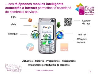 …des téléphones mobiles intelligents
connectés à Internet permettant d’accéder à
de nombreux services.
     RSS
                                                                           Lecture
     Mails                                                                 de tags



  Musique                                                              Internet
                                                                       Réseaux
                                                                       sociaux




                   Actualités – Horaires – Programmes – Réservations
                        Informations contextuelles de proximité

                               La vie en un seul geste
  5 octobre 2010                                                                  3
 