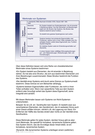27
Leibniz-Institut für die Pädagogik der Naturwissenschaften an der Universität Kiel
Cornelia Sommer
(v. Bertalanffy (1968); Bayrhuber & Schäfer (1978); Bossel (1987, 1994,
1999)
Elemente Ein System besteht aus Systemelementen, die mit einander
in Beziehung stehen. Aus den Elementen und Beziehungen
ergibt sich die Struktur des Systems. Die Struktur des
Systems bestimmt seine Funktion.
Beziehungen
Identität Es besteht eine gewisse Systemgrenze nach außen.
Integrität Systeme besitzen hervortretende Eigenschaften oder
Funktionen, welche nicht in ihren Teilen enthalten sind. Ein
zerlegtes System verliert diese Eigenschaft, bzw. Funktion
(Systemintegrität).
Wirkungen In einem System treten vielfältige Wirkungsbeziehungen
auf. (z.B. Nebenwirkungen, Rückwirkungen, Nah- und
Fernwirkungen)
Dynamik Ein belebtes System weist ein Entwicklungsverhalten auf
(Dynamik).
System-
Organisation
System-
Eigenschaften
Merkmale von Systemen
Über diese Definition lassen sich eine Reihe von charakteristischen
Merkmalen eines Systems bestimmen:
•Ein System besteht aus Elementen, die mit einander in Beziehung
stehen. Es hat also eine Struktur, die sich aus bestimmten Elementen und
ihren Beziehungen zusammensetzt. Diese Struktur bestimmt die Funktion
des Systems.
•Die Identität eines Systems wird durch seine Grenze zur Systemumwelt
bestimmt. Diese Grenze ist vom Betrachter abhängig.
•Systeme besitzen Eigenschaften oder Funktionen, die nicht in ihren
Teilen enthalten sind. Wenn man wesentliche Teile aus dem System
entfernt oder hinzufügt verliert das System diese Eigenschaft, seine
Integrität wird zerstört.
Mit diesen Merkmalen lassen sich Systeme von Nicht-Systemen
unterscheiden.
Beispiel: So ist z.B. ein Sandhaufen kein System. Er besteht zwar aus
verschiedenen Elementen, den Sandkörnern, die im weitesten Sinne auch
einen Zweck erfüllen können, nämlich z.B. die Lagerung von Sand. Ein
Entfernen der Hälfte des Sandes ändert aber nichts an der Identität eines
Sandhaufens.
Diese Merkmale gelten für jedes System, darüber hinaus gibt es aber
noch Merkmale, die speziell für komplexe, dynamische Systeme gelten.
Das System Storch, das die Grundlage dieser Arbeit bildet, ist ein
komplexes, dynamisches System.
•Dynamik: Alle dynamischen Systeme unterliegen einem (zeitlichen)
Entwicklungsprozess
 