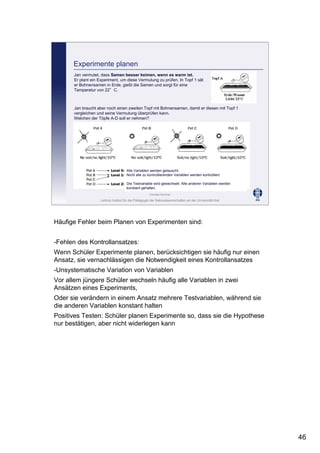 Leibniz-Institut für die Pädagogik der Naturwissenschaften an der Universität Kiel
Cornelia Sommer
Experimente planen
Jan vermutet, dass Samen besser keimen, wenn es warm ist.
Er plant ein Experiment, um diese Vermutung zu prüfen. In Topf 1 sät
er Bohnensamen in Erde, gießt die Samen und sorgt für eine
Temperatur von 22°C.
Jan braucht aber noch einen zweiten Topf mit Bohnensamen, damit er diesen mit Topf 1
vergleichen und seine Vermutung überprüfen kann.
Welchen der Töpfe A-D soll er nehmen?
Alle Variablen werden getauscht.
Nicht alle zu kontrollierenden Variablen werden kontrolliert.
Die Testvariable wird gewechselt. Alle anderen Variablen werden
konstant gehalten.
Häufige Fehler beim Planen von Experimenten sind:
-Fehlen des Kontrollansatzes:
Wenn Schüler Experimente planen, berücksichtigen sie häufig nur einen
Ansatz, sie vernachlässigen die Notwendigkeit eines Kontrollansatzes
-Unsystematische Variation von Variablen
Vor allem jüngere Schüler wechseln häufig alle Variablen in zwei
Ansätzen eines Experiments,
Oder sie verändern in einem Ansatz mehrere Testvariablen, während sie
die anderen Variablen konstant halten
Positives Testen: Schüler planen Experimente so, dass sie die Hypothese
nur bestätigen, aber nicht widerlegen kann
46
 