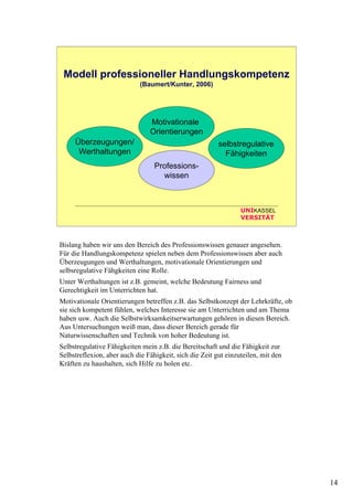 14
UNIKASSEL
VERSITÄT
Modell professioneller Handlungskompetenz
(Baumert/Kunter, 2006)
Professions-
wissen
Überzeugungen/
Werthaltungen
Motivationale
Orientierungen
selbstregulative
Fähigkeiten
Bislang haben wir uns den Bereich des Professionswissen genauer angesehen.
Für die Handlungskompetenz spielen neben dem Professionswissen aber auch
Überzeugungen und Werthaltungen, motivationale Orientierungen und
selbsregulative Fähgkeiten eine Rolle.
Unter Werthaltungen ist z.B. gemeint, welche Bedeutung Fairness und
Gerechtigkeit im Unterrichten hat.
Motivationale Orientierungen betreffen z.B. das Selbstkonzept der Lehrkräfte, ob
sie sich kompetent fühlen, welches Interesse sie am Unterrichten und am Thema
haben usw. Auch die Selbstwirksamkeitserwartungen gehören in diesen Bereich.
Aus Untersuchungen weiß man, dass dieser Bereich gerade für
Naturwissenschaften und Technik von hoher Bedeutung ist.
Selbstregulative Fähigkeiten mein z.B. die Bereitschaft und die Fähigkeit zur
Selbstreflexion, aber auch die Fähigkeit, sich die Zeit gut einzuteilen, mit den
Kräften zu haushalten, sich Hilfe zu holen etc.
 