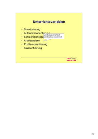 23
UNIKASSEL
VERSITÄT
Unterrichtsvariablen
• Strukturierung
• Autonomieorientierung
• Schülerorientierung
• Arbeitsweisen
• Problemorientierung
• Klassenführung
wurde experimentiert
wurde etwas konstruiert
 