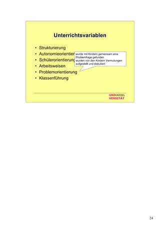24
UNIKASSEL
VERSITÄT
Unterrichtsvariablen
• Strukturierung
• Autonomieorientierung
• Schülerorientierung
• Arbeitsweisen
• Problemorientierung
• Klassenführung
wurde mit Kindern gemeinsam eine
Problemfrage gefunden
wurden von den Kindern Vermutungen
aufgestellt und diskutiert.
 