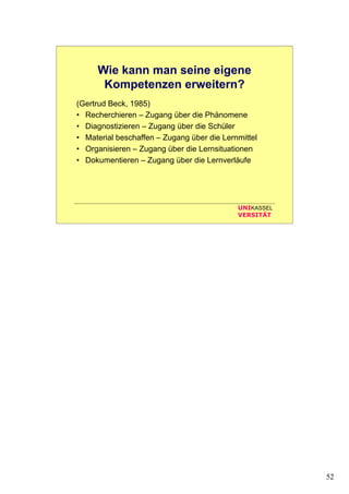 52
UNIKASSEL
VERSITÄT
Wie kann man seine eigene
Kompetenzen erweitern?
(Gertrud Beck, 1985)
• Recherchieren – Zugang über die Phänomene
• Diagnostizieren – Zugang über die Schüler
• Material beschaffen – Zugang über die Lernmittel
• Organisieren – Zugang über die Lernsituationen
• Dokumentieren – Zugang über die Lernverläufe
 