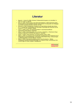 55
UNIKASSEL
VERSITÄT
Literatur
• Baumert, J.; Kunter, M. (2006). Stichwort: Professionelle Kompetenz von Lehrkräften. In:
ZfE 9. Jg., Heft 4, S. 469-520.
• Beck, G. (1985). Anforderungen an den Sachunterrichtslehrer. In DIFF (Deutsches Institut
für Fernstudien an der Universität Tübingen), Sachunterricht. Grundbaustein. Zur Pädagogik
des Heimat- und Sachunterrichts. Teil 4 (S. 123-152).
• Bromme, R. (1997). Kompetenzen, Funktionen und unterrichtliches Handeln des Lehrers.
In: F. E. Weinert (Ed.), Enzyklopädie der Psychologie: Psychologie des Unterrichts und der
Schule (S. 177-212). Göttingen: Hogrefe.
• Franz, U. (2008). Lehrer- und Unterrichtsvariablen im naturwissenschaftlichen
Sachunterricht. Bad Heilbrunn: Klinkhardt.
• Ditton, H. (2006). Unterrichtsqualität. in K.-H. Arnold, U. Sandfuchs, J. Wiechmann (Hrsg.)
Handbuch Unterricht (S. 235-343). Bad Heilbrunn: Klinkhardt.
• Köster, H. (2006). Freies Explorieren und Experimentieren. Berlin: Logos.
• Möller, K. (2006). Zur Förderung des konzeptuellen Verständnisses durch Unterricht und zur
Wirksamkeit von Lehrerfortbildungen. In M. Prenzel, Allolio-Näcke (Hrsg.), Untersuchungen
zur Bildungsqualität von Schule. Münster: Waxmann.
• Möller, K. (2004). Naturwissenschaftliches Lernen in der Grundschule – Welche
Kompetenzen brauchen Grundschullehrkräfte? In H. Merkens (Hrsg.), Lehrerbildung: IGLU
und die Folgen (S. 65-84). Opladen: Leske&Budrich.
 