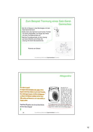 12
Zum Beispiel Trennung eines Salz-Sand-
Gemisches
Grundbildung-Merkmale-Experimentieren-Ausblick
Picknick am Strand
Gib 30 ml Wasser in das Becherglas mit dem
Salz-Sand-Gemisch
Gieße dann das Gemisch durch einen Trichter
mit einem Papierfilter und fange das Filtrat
mit einer Porzellanschale auf.
Stell die Porzellanschale mit der Lösung
auf einen Dreifuß und erhitze die
Lösung mit einem Bunsenbrenner.
Alltagsnähe
24 Grundbildung-Merkmale-Experimentieren-Ausblick
 