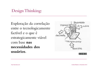 Design Thinking:
Cristina Bilsland | 4 Novembro 2010
Exploração da correlação
entre o tecnologicamente
factível e o que é
estrategicamente viável
com base nas
necessidades dos
usuários.
http://www.ideo.com
 