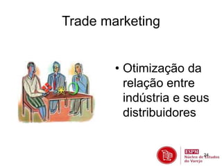24 
Trade marketing 
• Otimização da 
relação entre 
indústria e seus 
distribuidores 
 
