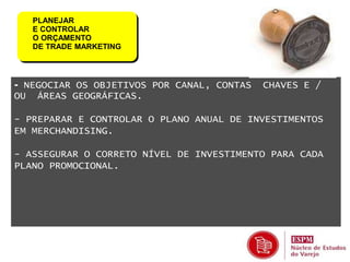 PLANEJAR 
E CONTROLAR 
O ORÇAMENTO 
DE TRADE MARKETING 
- NEGOCIAR OS OBJETIVOS POR CANAL, CONTAS CHAVES E / 
OU ÁREAS GEOGRÁFICAS. 
- PREPARAR E CONTROLAR O PLANO ANUAL DE INVESTIMENTOS 
EM MERCHANDISING. 
- ASSEGURAR O CORRETO NÍVEL DE INVESTIMENTO PARA CADA 
PLANO PROMOCIONAL. 
 