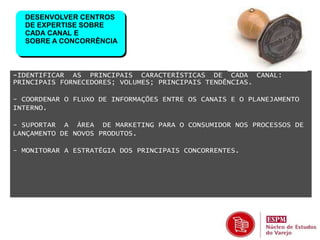 DESENVOLVER CENTROS 
DE EXPERTISE SOBRE 
CADA CANAL E 
SOBRE A CONCORRÊNCIA 
-IDENTIFICAR AS PRINCIPAIS CARACTERÍSTICAS DE CADA CANAL: 
PRINCIPAIS FORNECEDORES; VOLUMES; PRINCIPAIS TENDÊNCIAS. 
- COORDENAR O FLUXO DE INFORMAÇÕES ENTRE OS CANAIS E O PLANEJAMENTO 
INTERNO. 
- SUPORTAR A ÁREA DE MARKETING PARA O CONSUMIDOR NOS PROCESSOS DE 
LANÇAMENTO DE NOVOS PRODUTOS. 
- MONITORAR A ESTRATÉGIA DOS PRINCIPAIS CONCORRENTES. 
 