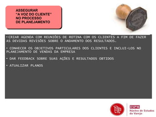 ASSEGURAR 
“A VOZ DO CLIENTE” 
NO PROCESSO 
DE PLANEJAMENTO 
• CRIAR AGENDA COM REUNIÕES DE ROTINA COM OS CLIENTES A FIM DE FAZER 
AS DEVIDAS REVISÕES SOBRE O ANDAMENTO DOS RESULTADOS. 
• CONHECER OS OBJETIVOS PARTICULARES DOS CLIENTES E INCLUI-LOS NO 
PLANEJAMENTO DE VENDAS DA EMPRESA 
• DAR FEEDBACK SOBRE SUAS AÇÕES E RESULTADOS OBTIDOS 
• ATUALIZAR PLANOS 
 