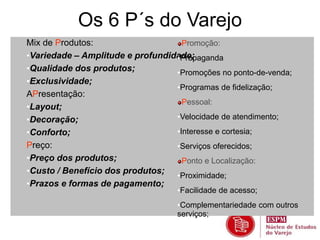 Os 6 P´s do Varejo 
Mix de Produtos: 
•Variedade – Amplitude e profundidade; 
•Qualidade dos produtos; 
•Exclusividade; 
APresentação: 
•Layout; 
•Decoração; 
•Conforto; 
Preço: 
•Preço dos produtos; 
•Custo / Benefício dos produtos; 
•Prazos e formas de pagamento; 
Promoção: 
•Propaganda 
•Promoções no ponto-de-venda; 
•Programas de fidelização; 
Pessoal: 
•Velocidade de atendimento; 
•Interesse e cortesia; 
•Serviços oferecidos; 
Ponto e Localização: 
•Proximidade; 
•Facilidade de acesso; 
•Complementariedade com outros 
serviços; 
 