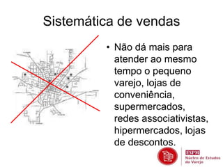 Sistemática de vendas 
• Não dá mais para 
atender ao mesmo 
tempo o pequeno 
varejo, lojas de 
conveniência, 
supermercados, 
redes associativistas, 
hipermercados, lojas 
de descontos. 
 