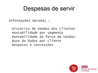 Despesas de servir 
Informações Geradas : 
• Histórico de Vendas dos Clientes 
• Rentabilidade por segmento 
• Rentabilidade da força de Vendas 
• Base de dados por cliente 
• Despesas e concessões 
 