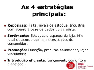 As 4 estratégias 
principais: 
Reposição: Falta, níveis de estoque. Indústria 
com acesso à base de dados do varejista; 
Sortimento: Estoques e espaços da loja. Mix 
ideal de acordo com as necessidades do 
consumidor; 
Promoção: Duração, produtos anunciados, lojas 
vinculadas; 
Introdução eficiente: Lançamento conjunto e 
planejado; 
 