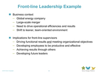 24© 2013 Forum Corporation
 Business context
– Global energy company
– Large-scale merger
– Need to drive operational efficiencies and results
– Shift to leaner, team-oriented environment
 Implications for front-line supervisors
– Driving functional results and meeting organizational objectives
– Developing employees to be productive and effective
– Achieving results through others
– Developing future leaders
Front-line Leadership Example
 