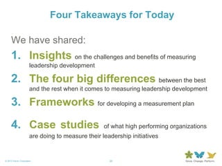 29© 2013 Forum Corporation
Four Takeaways for Today
We have shared:
1. Insights on the challenges and benefits of measuring
leadership development
2. The four big differences between the best
and the rest when it comes to measuring leadership development
3. Frameworks for developing a measurement plan
4. Case studies of what high performing organizations
are doing to measure their leadership initiatives
 