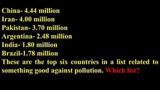 China- 4.44 million
Iran- 4.00 million
Pakistan- 3.70 million
Argentina- 2.48 million
India- 1.80 million
Brazil-1.78 million
These are the top six countries in a list related to
something good against pollution. Which list?
 