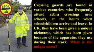 Crossing guards are found in
various countries, who frequently
attend zebra crossings near
schools, at the hours when
schoolchildren arrive and leave. In
UK, they have been given a unique
nickname, which has been given
because of the apparatus they use
during their work. What is the
unique name?
 