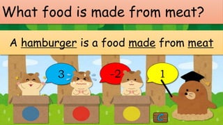 What food is made from meat?
A hamburger is a food made from meat
3 -2 1
 