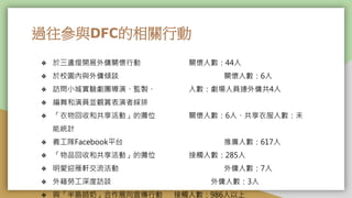 過往參與DFC的相關行動
❖ 於三盞燈開展外傭關懷行動 關懷人數：44人
❖ 於校園內與外傭傾談 關懷人數：6人
❖ 訪問小城實驗劇團導演、監製、 人數：劇場人員連外傭共4人
❖ 編舞和演員並觀賞表演者綵排
❖ 「衣物回收和共享活動」的攤位 關懷人數：6人、共享衣服人數：未
能統計
❖ 義工隊Facebook平台 推廣人數：617人
❖ 「物品回收和共享活動」的攤位 接觸人數：285人
❖ 明愛迎雁軒交流活動 外傭人數：7人
❖ 外藉勞工深度訪談 外傭人數：3人
❖ 與「半島師奶」合作展向宣傳行動 接觸人數：986人以上
 