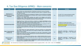4. Tax Due Diligence (KPMG) – Main concerns
1
Area Concern Remedies
Disallowance of
expenses prior to set-up
of business
• Target entities have claimed deduction of expenses incurred prior to set-up of business
• Consequently, it has carried forward unabsorbed business losses to subsequent years in
their return of income
• However, the view adopted by the management is litigative, the tax authorities may disallow
such expenses on the premise that the company was not ready to commence its essential
activity until COD was achieved
• Therefore, such carried forward business loss should not be allowed to be set-off in
subsequent years. KPMG estimated that the cumulative amount of INR 123.7m should be
disallowed on account of expenses incurred prior to set-up of business
The INR 123.7m losses estimated by KPMG
had been ignored in the financial model
Impact
Low
Unabsorbed depreciation
• Regarding the law, if shares are issued by a company to a resident shareholder at a price
higher than its face value, then an amount excess of Fair Market Value ('FMV') of such
shares shall be considered as income of the issuing company
• On an SPV (VSEPL), the company had issued shares at a value exceeding the FMV as
determined by the valuer in their report by an amount of INR 63.7m
• In relation to the tax exposure, losses of VSEPL should be reduced by an amount of INR
63.7m and there should not be a tax outgo, since the company has adequate unabsorbed
depreciation
The INR 63.7m losses had not been
considered for the purpose of carry forward
(and set off accordingly), and had been ignored
in the financial model
Low
Claim of depreciation on
a blanket rate
• The Target entities have claimed depreciation on plant and machinery at a single blanket
rate of 40%. It may be noted that the Act provides for different rates of depreciation for
different blocks of assets
• Based on the discussions held with management, the said claim of depreciation at single
blanket rate of 40% has not been disputed by the income-tax authorities and no litigation in
relation to it is currently undergoing
Appropriate indemnities / warranties to be
obtained in this regard in the transaction
documents
Low
Receipt of loans /
deposits
• Under the law, no company shall accept any loan or deposit otherwise than by way of
account payee cheque or account payee bank draft or through other prescribed electronic
modes of payment
• The amount of penalty that could be imposed amounts to INR 422.3m on NSEPL and INR
33m on VSEPL in a situation where management is unable to provide bona fides of the
transaction to the satisfaction of the tax officer
Appropriate indemnities / warranties to be
obtained in this regard in the transaction
documents
Low
Note: Total Asset Value for Depreciation (including Unabsorbed depreciation & deduction suggested by KPMG) = 1,782m + 3,867m – 126M – 63.7M = INR 5459.3M
 
