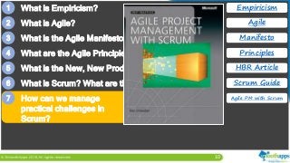 10
1 What is Empiricism?
2 What is Agile?
3 What is the Agile Manifesto?
4 What are the Agile Principles?
5 What is the New, New Product Development Game?
6 What is Scrum? What are the Scrum Values?
Empiricism
Agile
Manifesto
Principles
HBR Article
Scrum Guide
Agile PM with Scrum7 How can we manage
practical challenges in
Scrum?
 