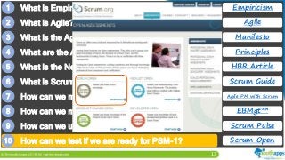 13
1 What is Empiricism?
2 What is Agile?
3 What is the Agile Manifesto?
4 What are the Agile Principles?
5 What is the New, New Product Development Game?
6 What is Scrum? What are the Scrum Values?
7 How can we manage practical challenges in Scrum?
8 How can we manage business value through Scrum?
9 How can we understand the Scrum Mindset?
Empiricism
Agile
Manifesto
Principles
HBR Article
Scrum Guide
Agile PM with Scrum
EBMgt™
Scrum Pulse
Scrum Open10 How can we test if we are ready for PSM-1?
 