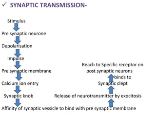  SYNAPTIC TRANSMISSION-
Stimulus
Pre synaptic neurone
Depolarisation
Impulse
Reach to Specific receptor on
Pre synaptic membrane post synaptic neurons
binds to
Calcium ion entry Synaptic clept
Synaptic knob Release of neurotransmitter by exocitosis
Affinity of synaptic vessicle to bind with pre synaptic membrane
 