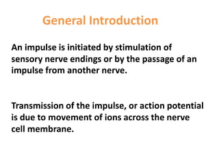 General Introduction
An impulse is initiated by stimulation of
sensory nerve endings or by the passage of an
impulse from another nerve.
Transmission of the impulse, or action potential
is due to movement of ions across the nerve
cell membrane.
 