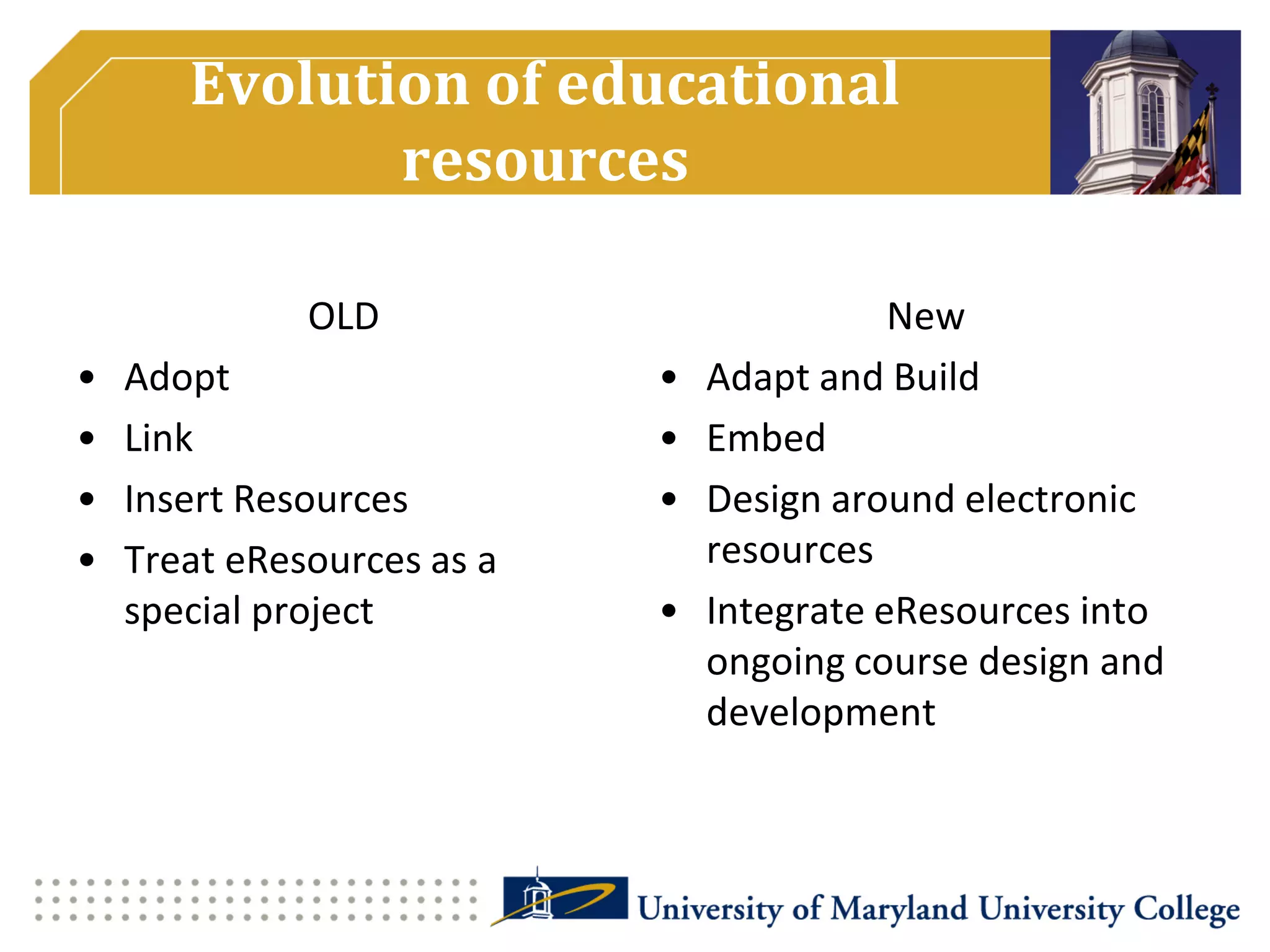 Evolution of educational
resources
OLD
• Adopt
• Link
• Insert Resources
• Treat eResources as a
special project
New
• Adapt and Build
• Embed
• Design around electronic
resources
• Integrate eResources into
ongoing course design and
development
 