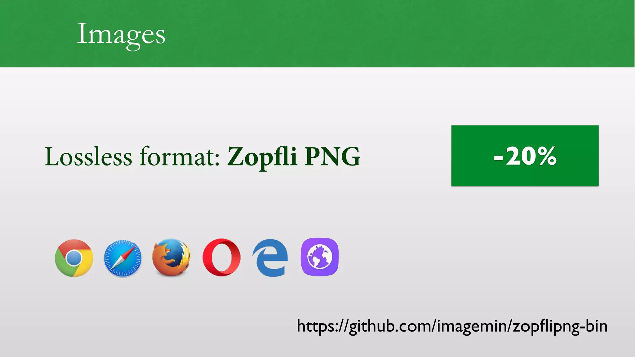 Lossless format: Zopfli PNG
https://github.com/imagemin/zopﬂipng-bin
-20%
Images
 